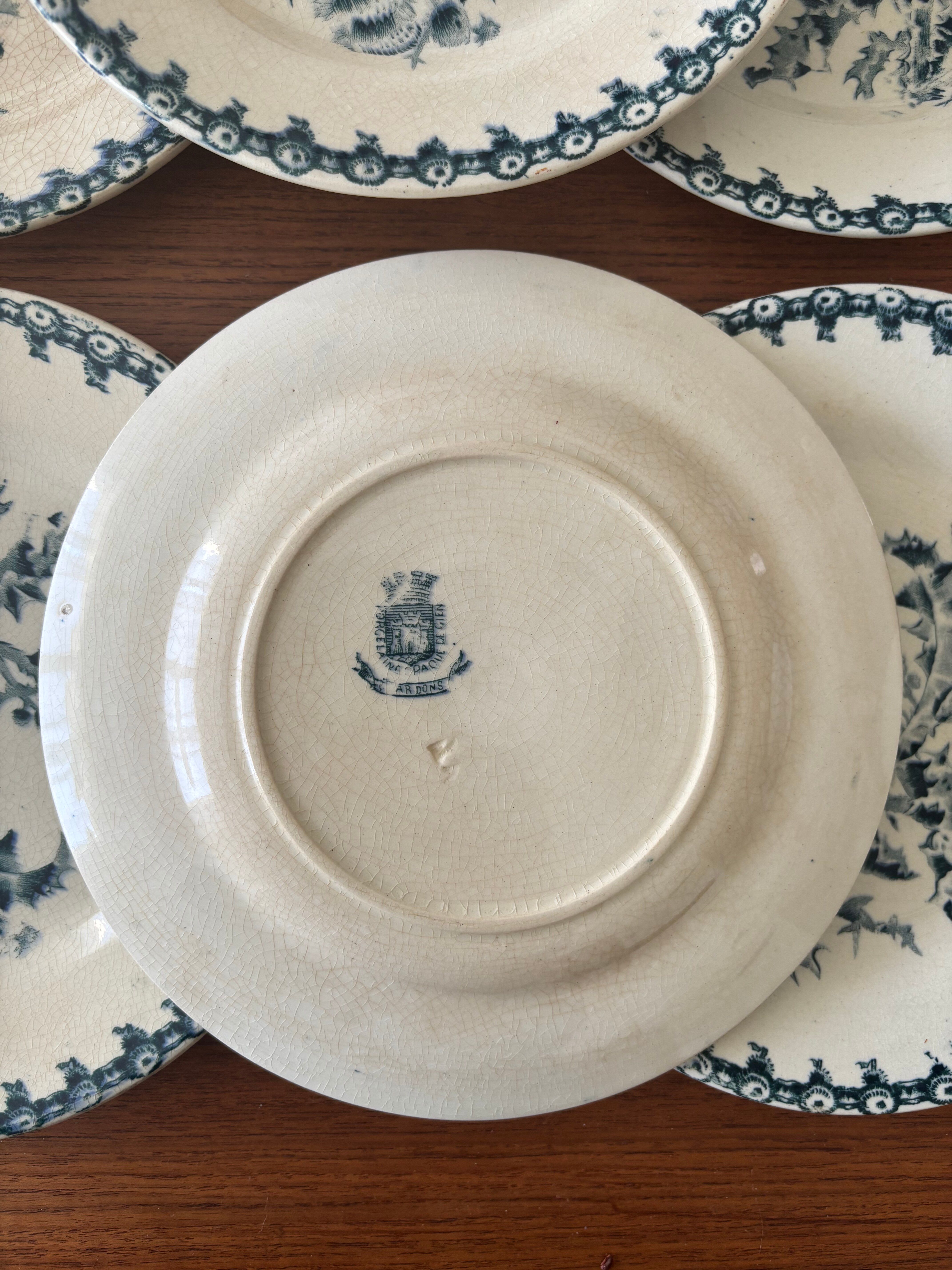 Set of 6 antique dessert plates Gien model Thistle Terre de Feu
