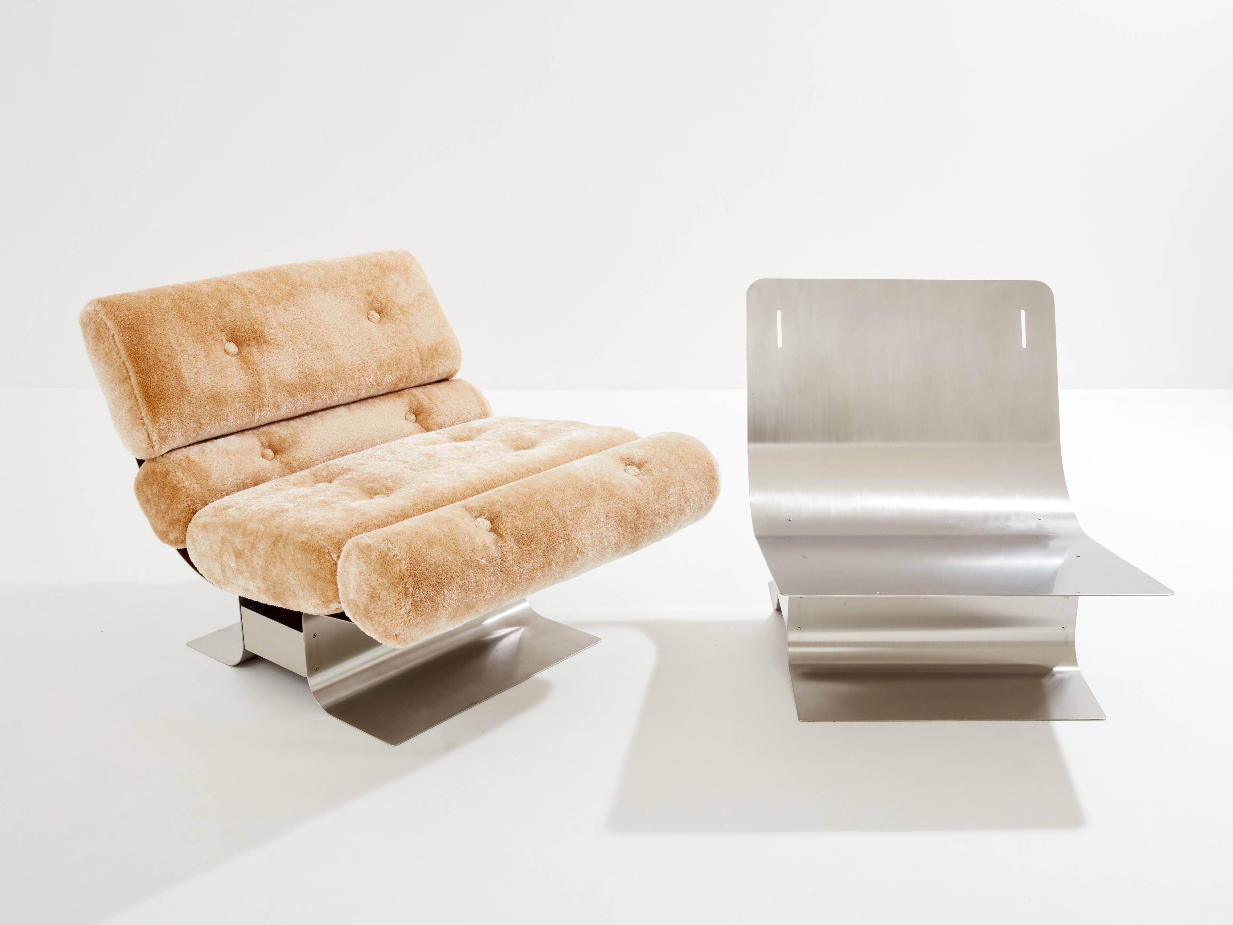 Pair of steel and Mohair velvet armchairs by François Monnet 1970