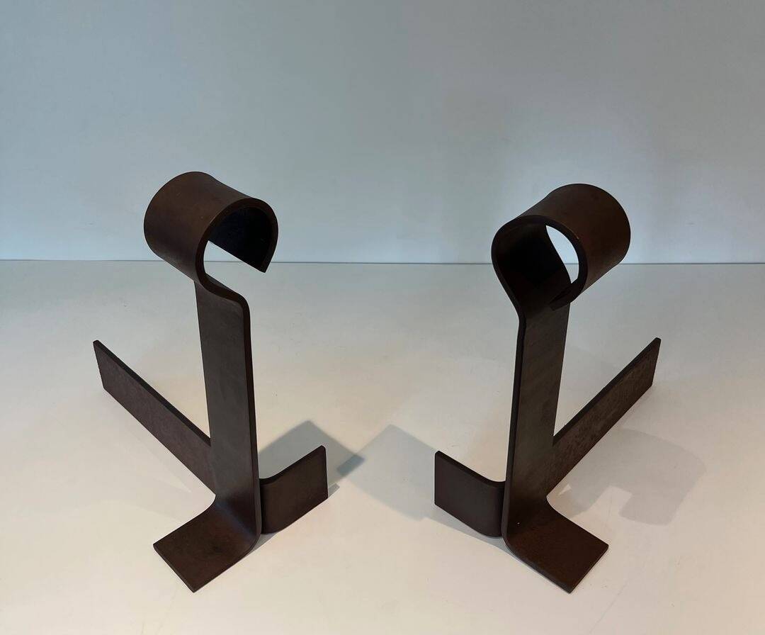 Important Pair of Modernist Wrought Iron Andirons with Ring Finials