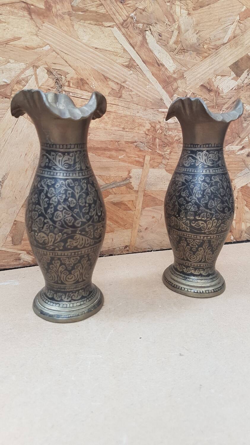 Pair of vintage painted black decor brass vase