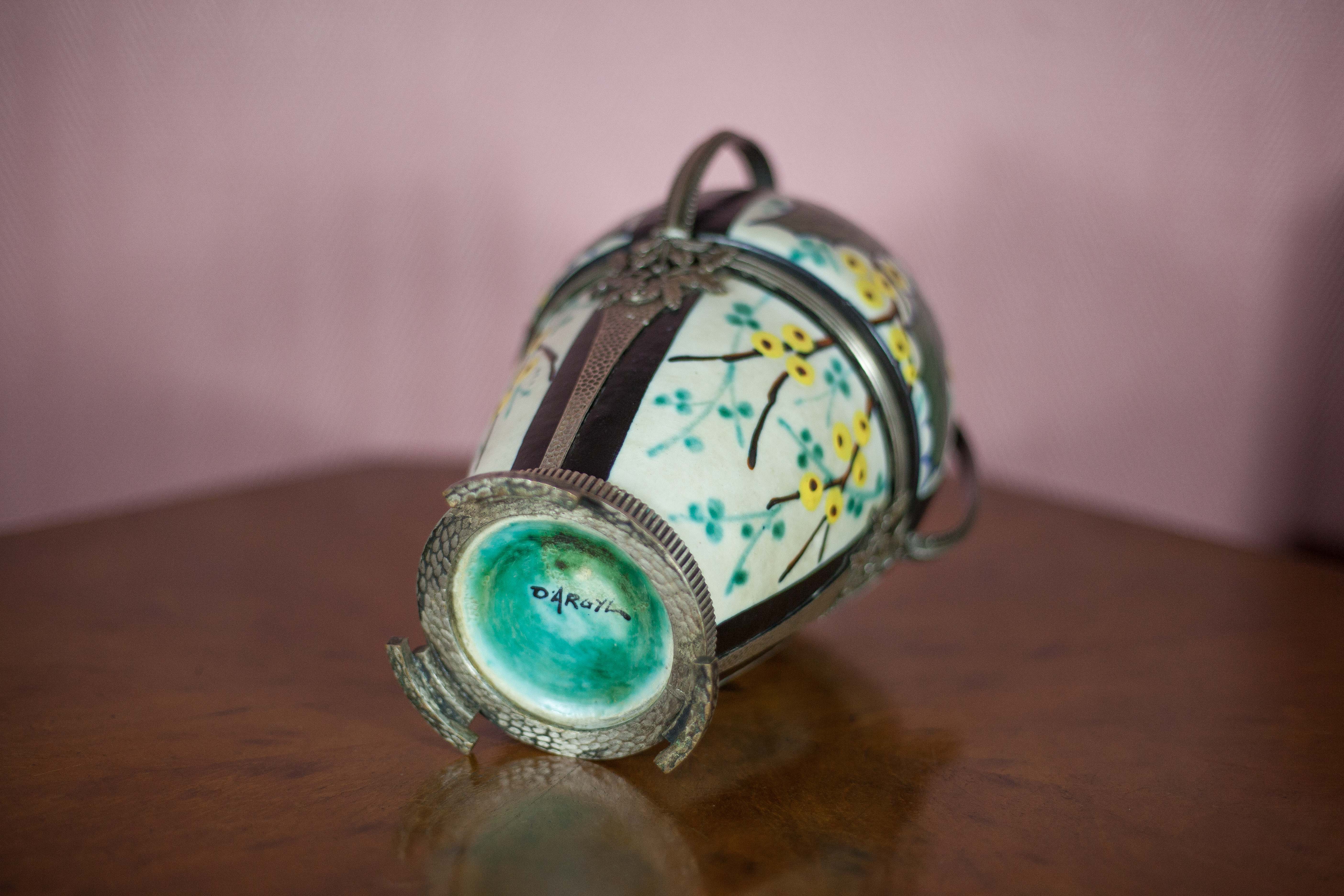 Ceramic vase with silver frame, vase signed by Argyl, Art Nouveau vase, art deco, collection