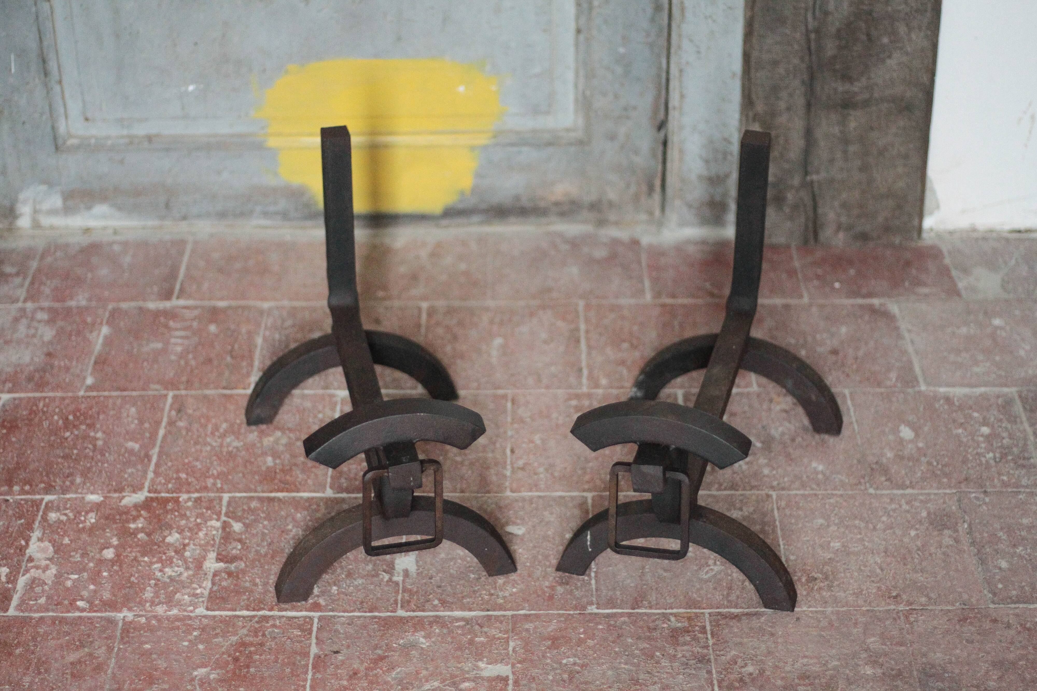 Vintage chenets, pair of brutalist dog-shaped chenets, fireplace accessory.