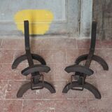 Vintage chenets, pair of brutalist dog-shaped chenets, fireplace accessory.