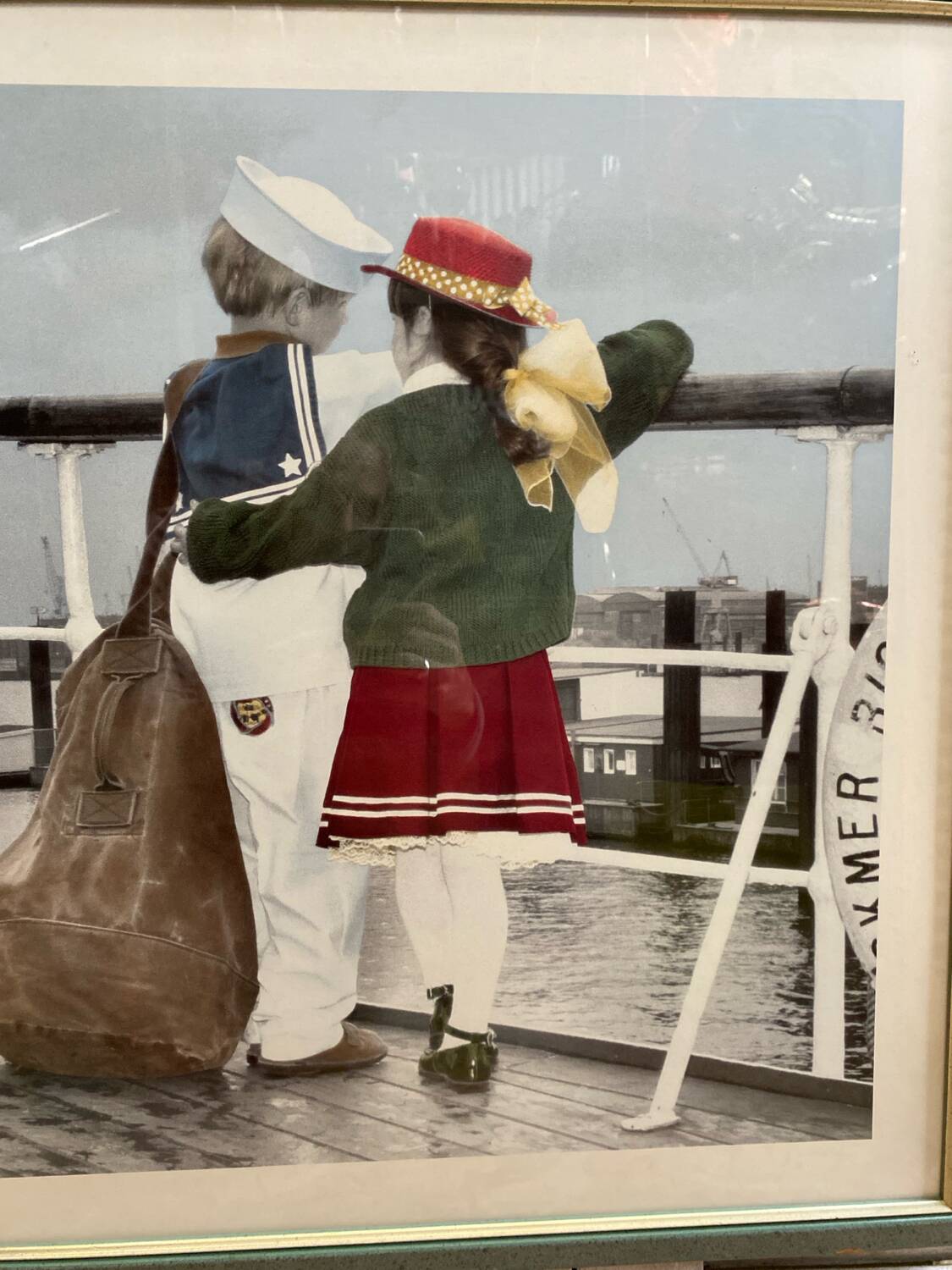 Old Color Print Sailor Children On The Naval Port + Green Wood Frame #B540