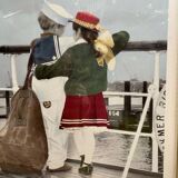Old Color Print Sailor Children On The Naval Port + Green Wood Frame #B540