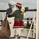 Old Color Print Sailor Children On The Naval Port + Green Wood Frame #B540