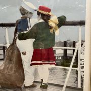 Old Color Print Sailor Children On The Naval Port + Green Wood Frame #B540