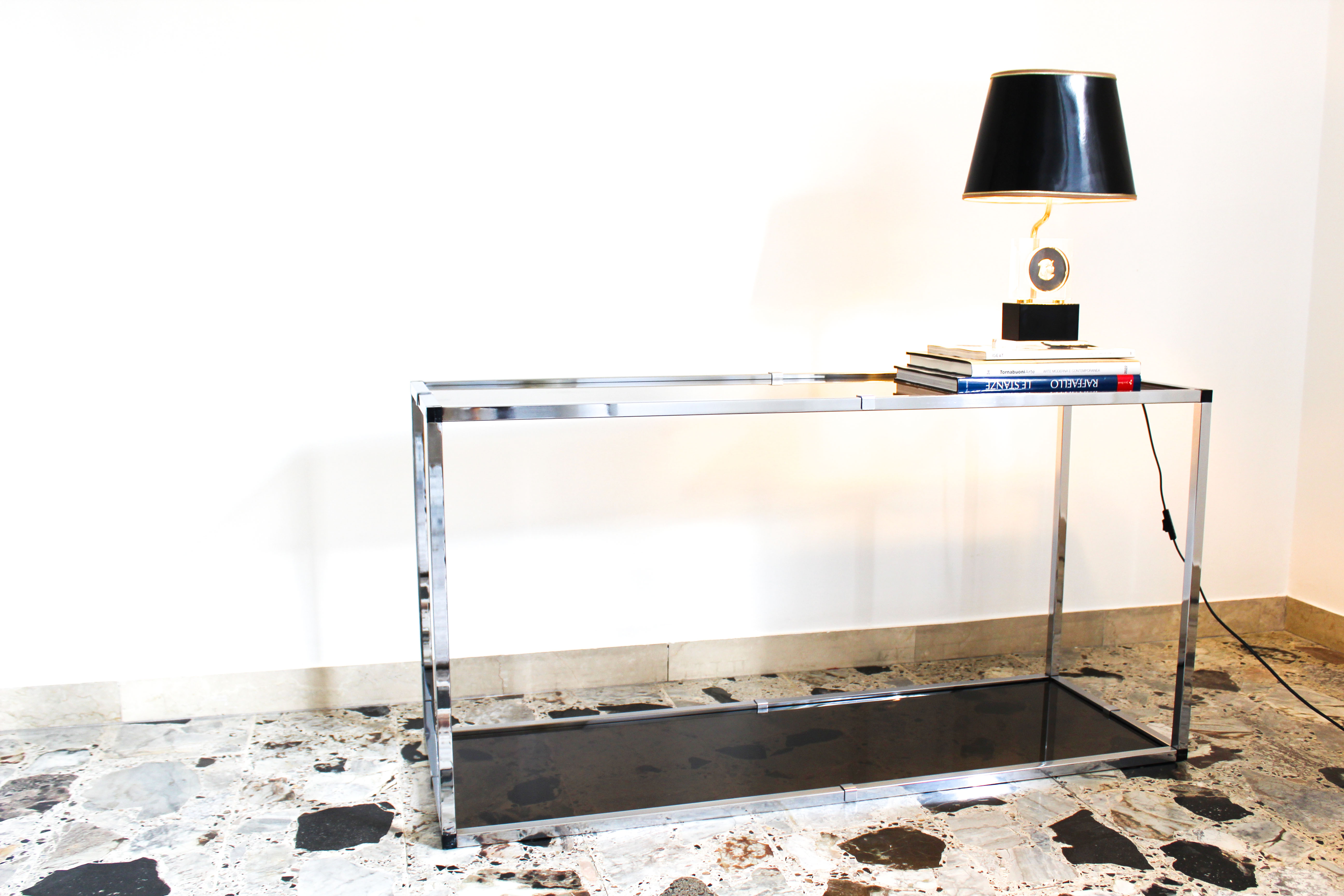 Console in chromed metal and smoked glass, Italy 70's