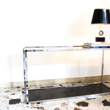 Console in chromed metal and smoked glass, Italy 70's
