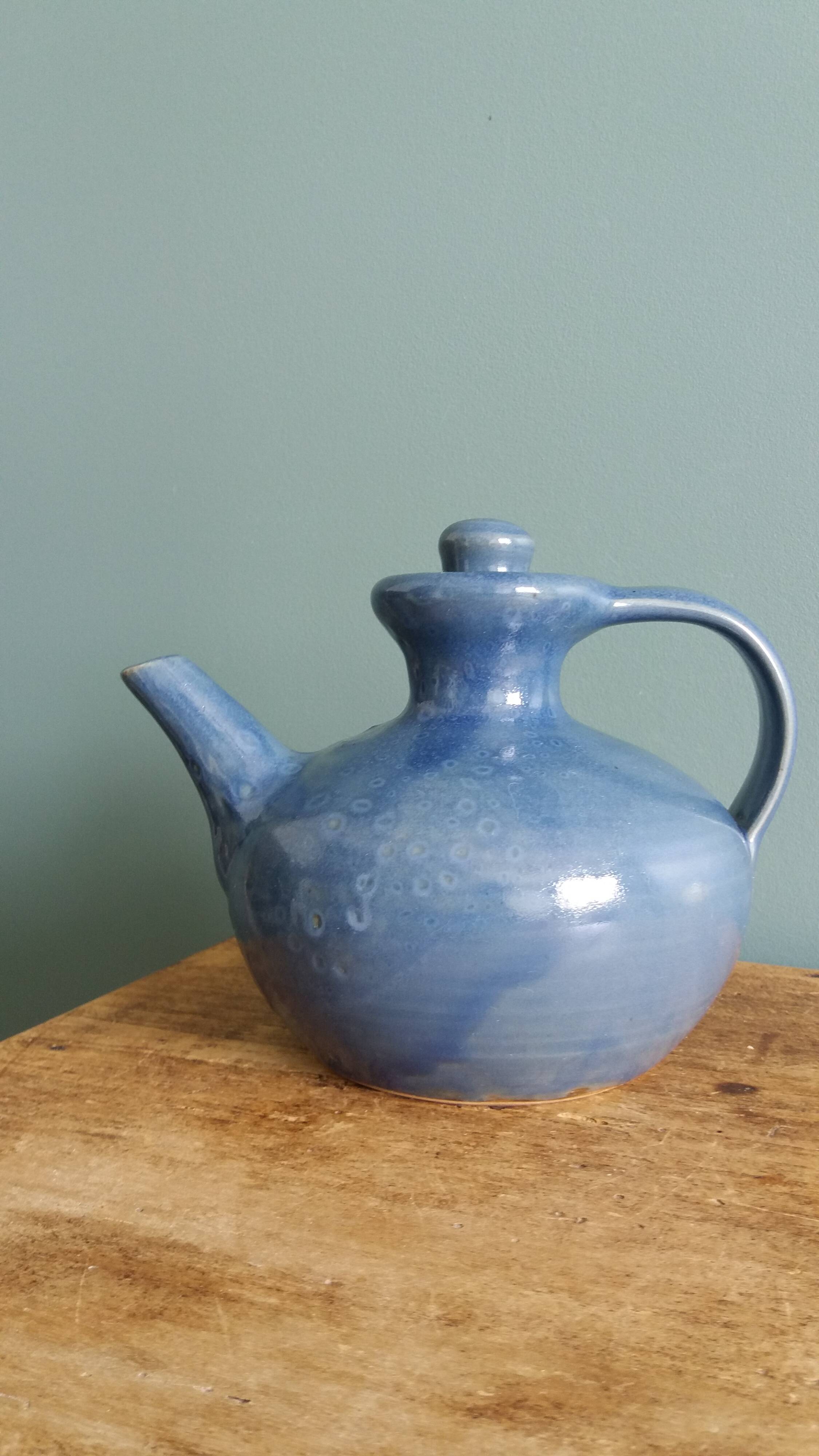 Blue glazed ceramic teapot signed
