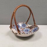 Beautiful small painted ceramic basket with woven handle