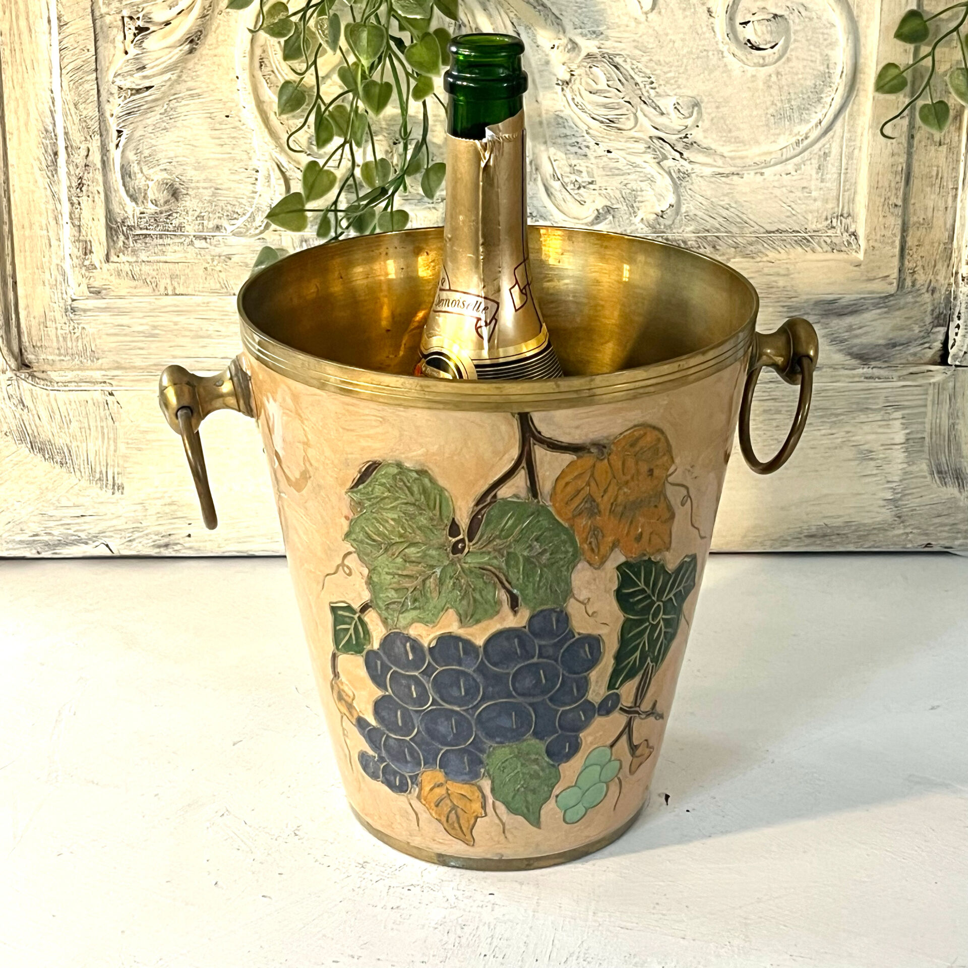 French vintage cloisonne champagne bucket with grape and vine design