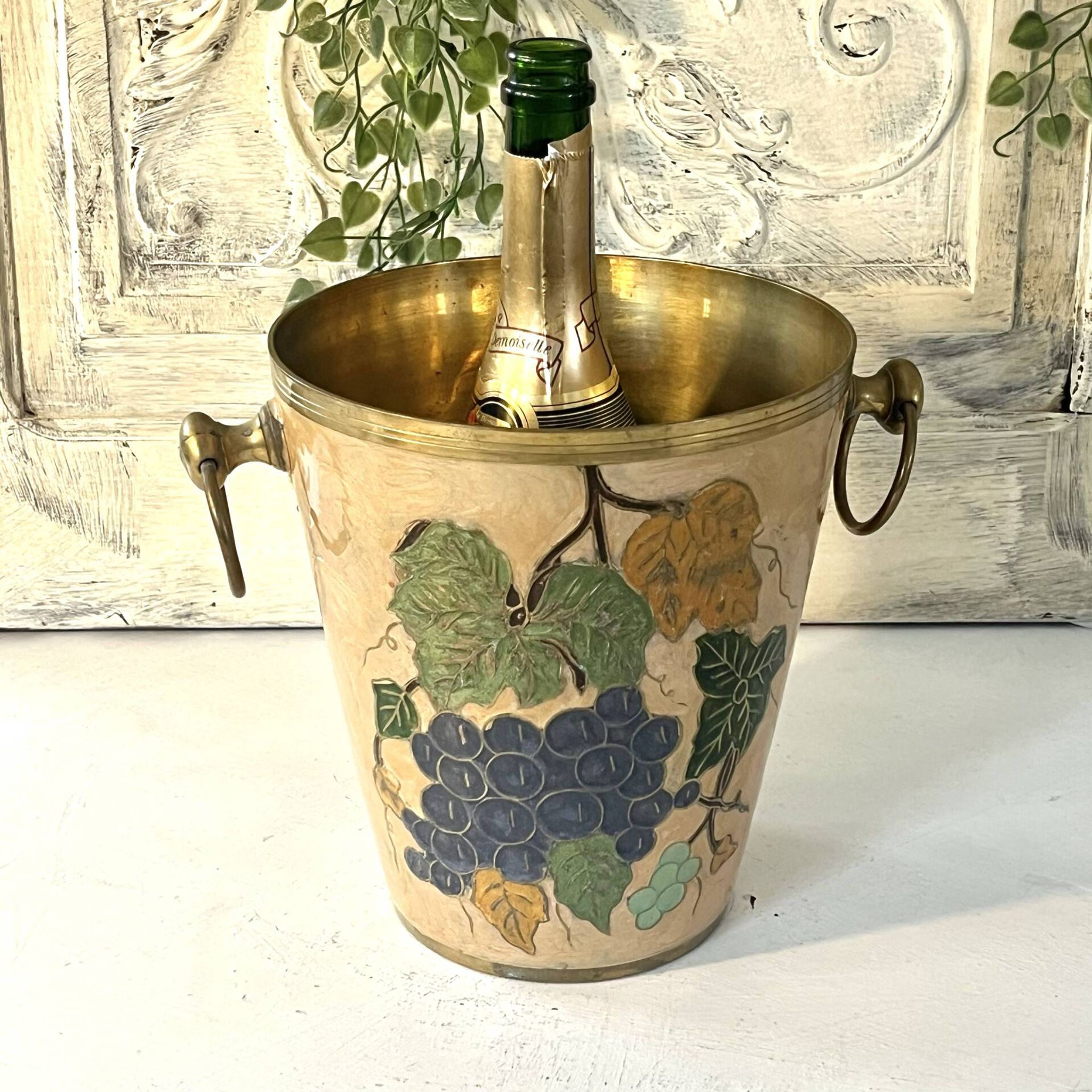 French vintage cloisonne champagne bucket with grape and vine design