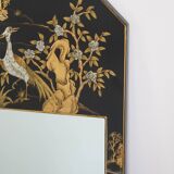 Miroir chinois vintage laqué noir et motifs colorés