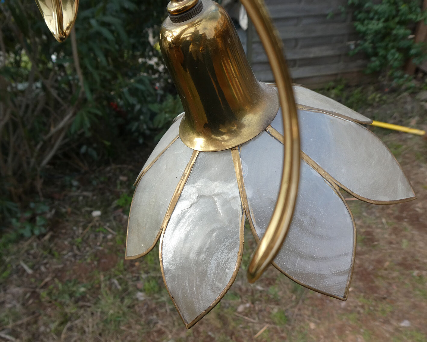Brass chandelier and flowers in mother-of-pearl petals