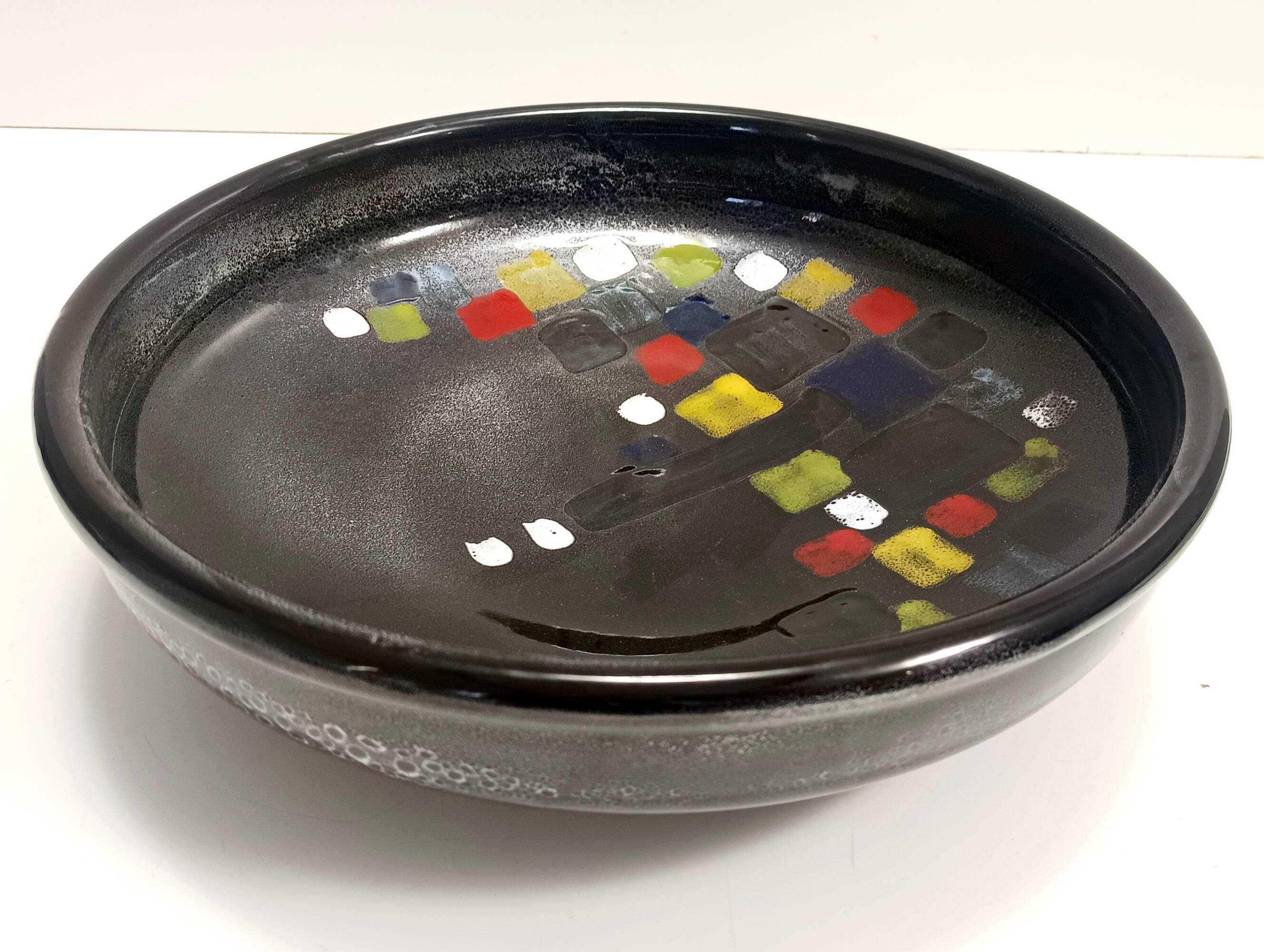 Lacquered Black with Colored Details Ceramic Vide-Poche by Ars Deruta, Ital