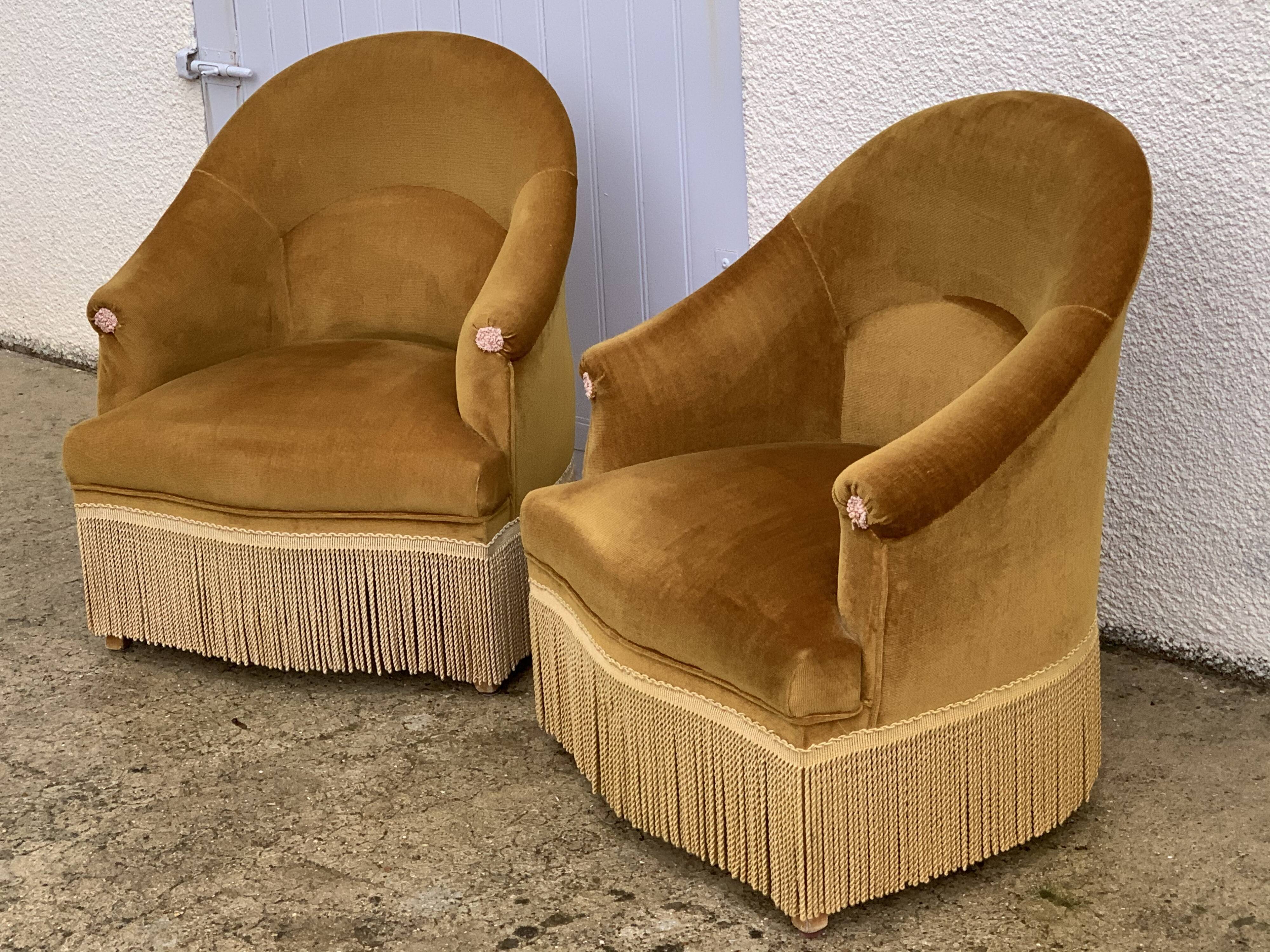 Pair of golden velvet toad armchairs 1970