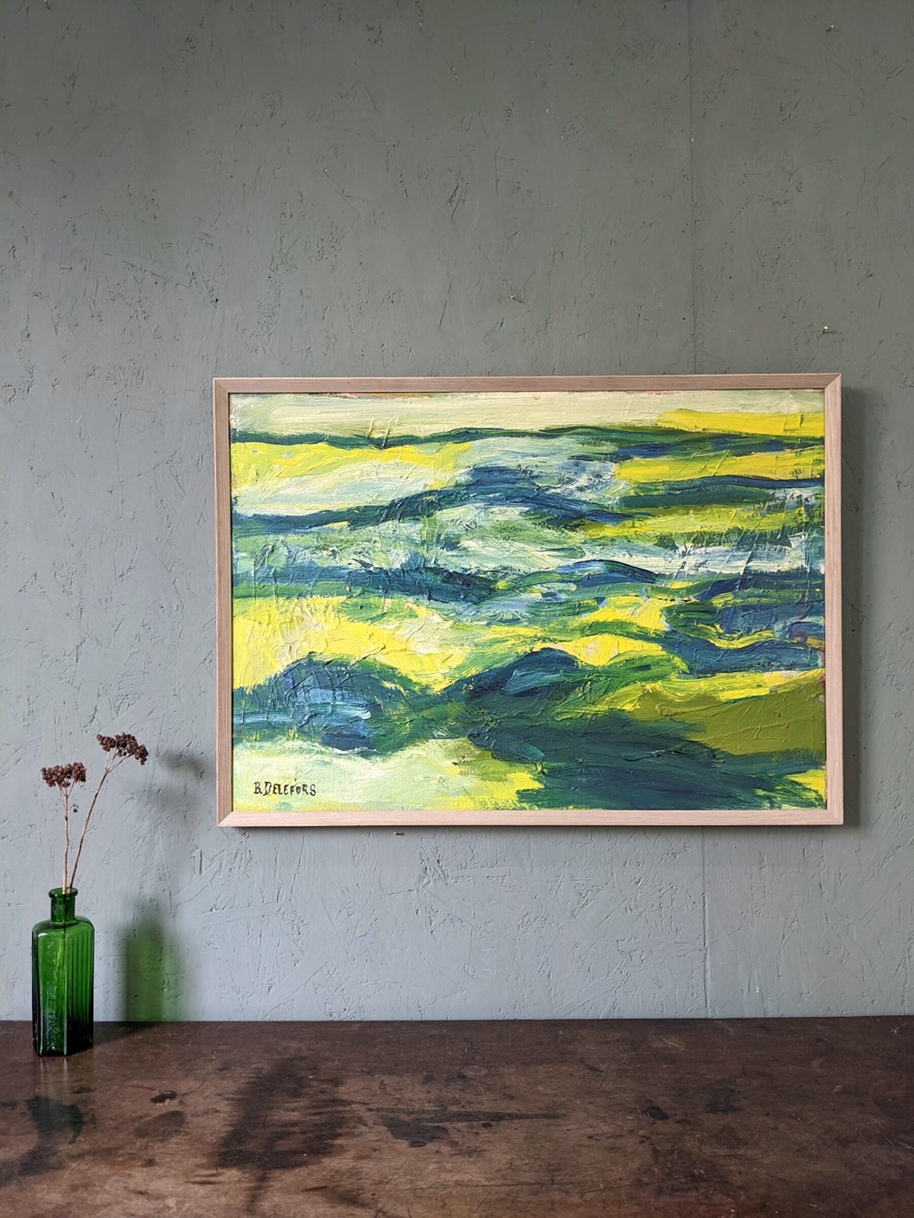 Mid-Century Modern Swedish "Waves" Vintage Abstract Oil Painting, Framed