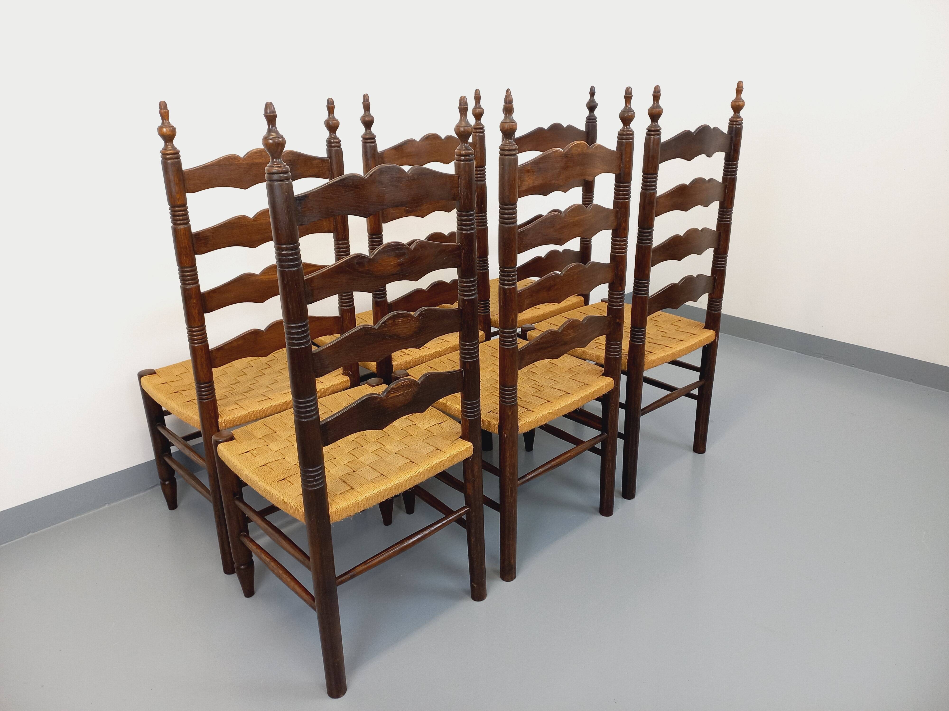 Set of 6 vintage Arts & Crafts chairs in Antonio Calligaris style in rope oak wood from the 50s