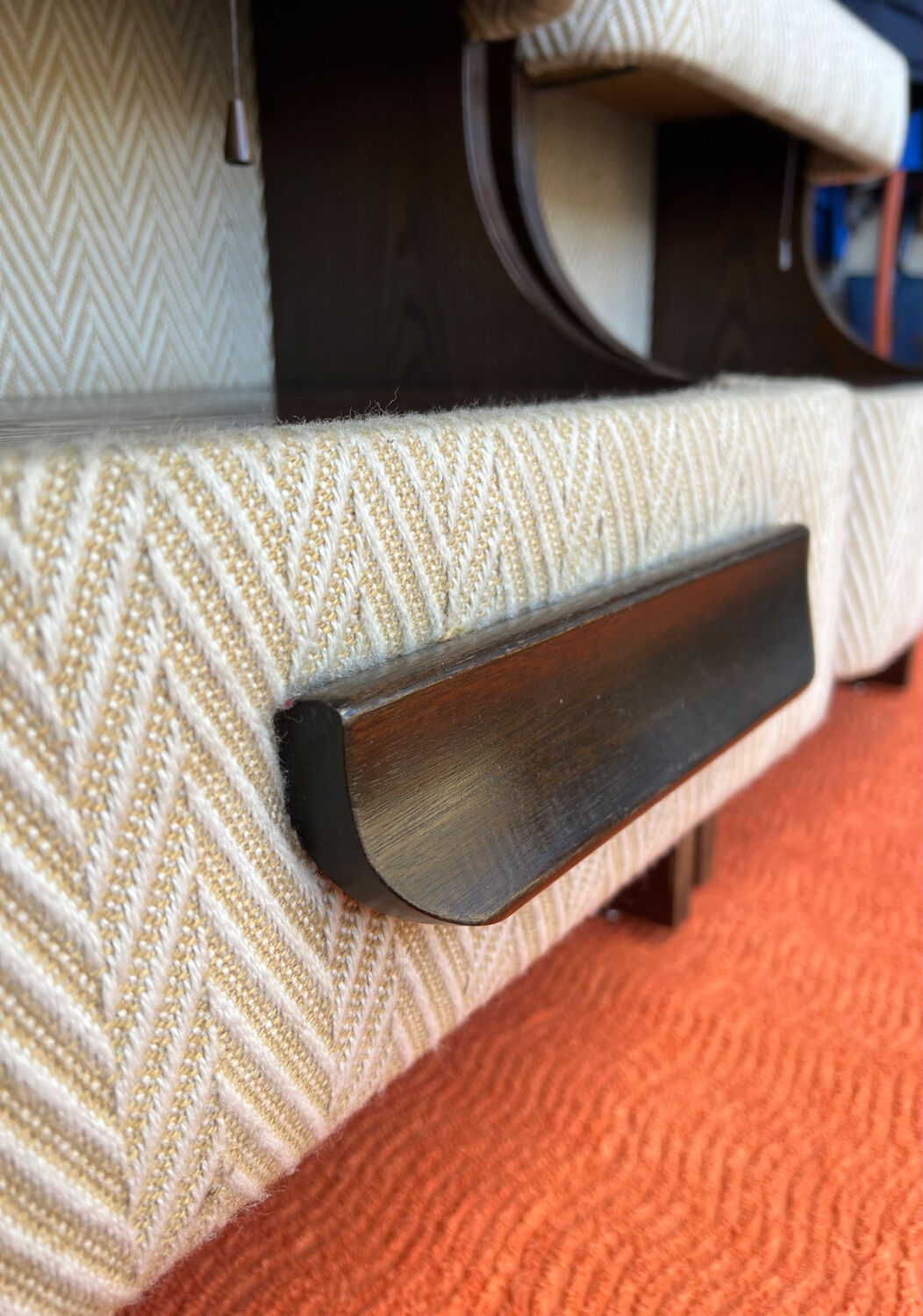 SET OF 2 VINTAGE 1970S NIGHTSTANDS/SOFA ENDS IN WOOD AND FABRIC