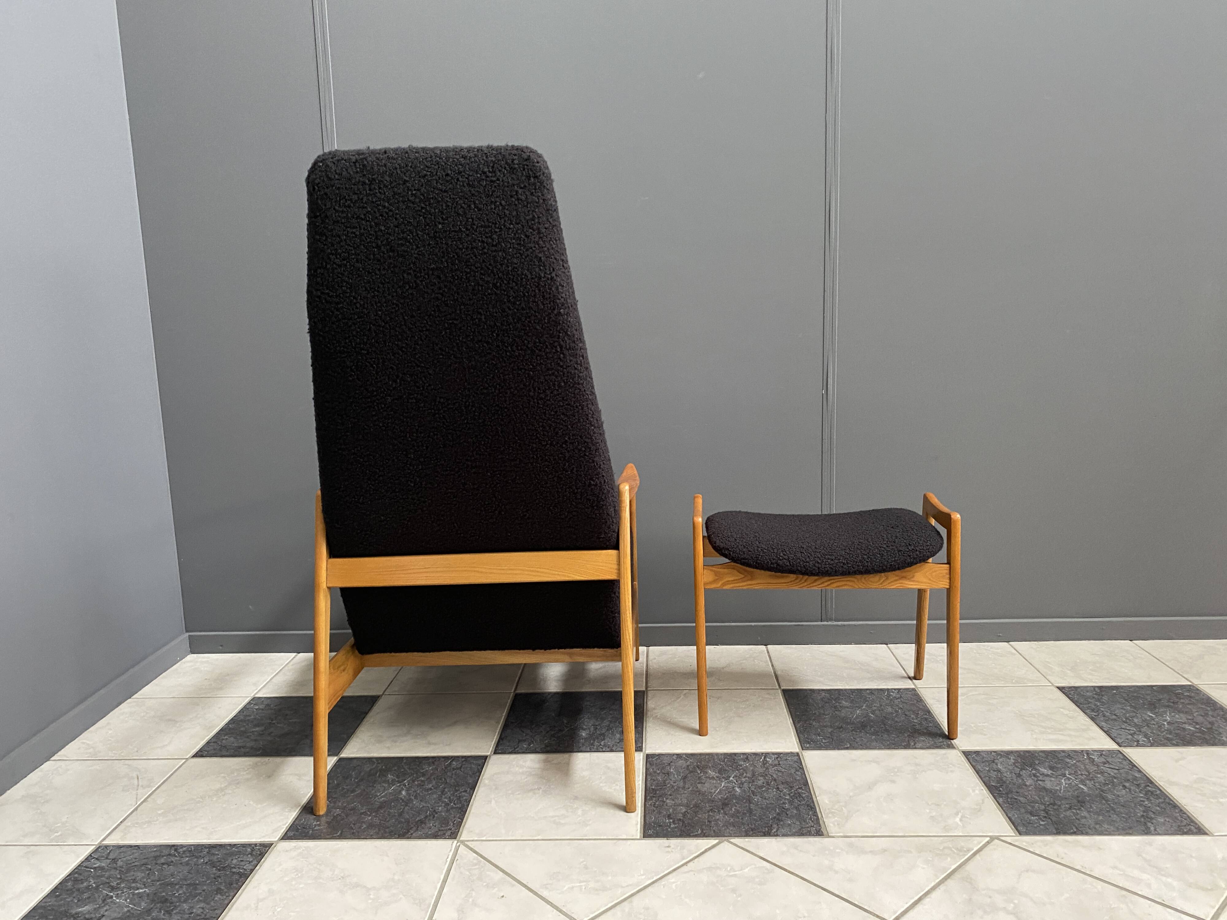 Highback chair with ottoman in black boucle