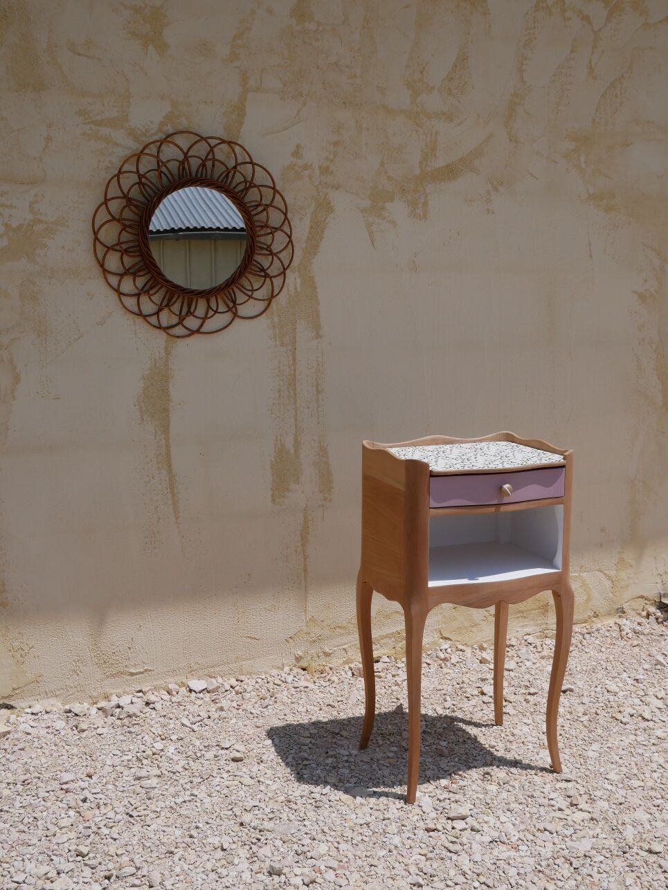 Crude wooden bedside table
