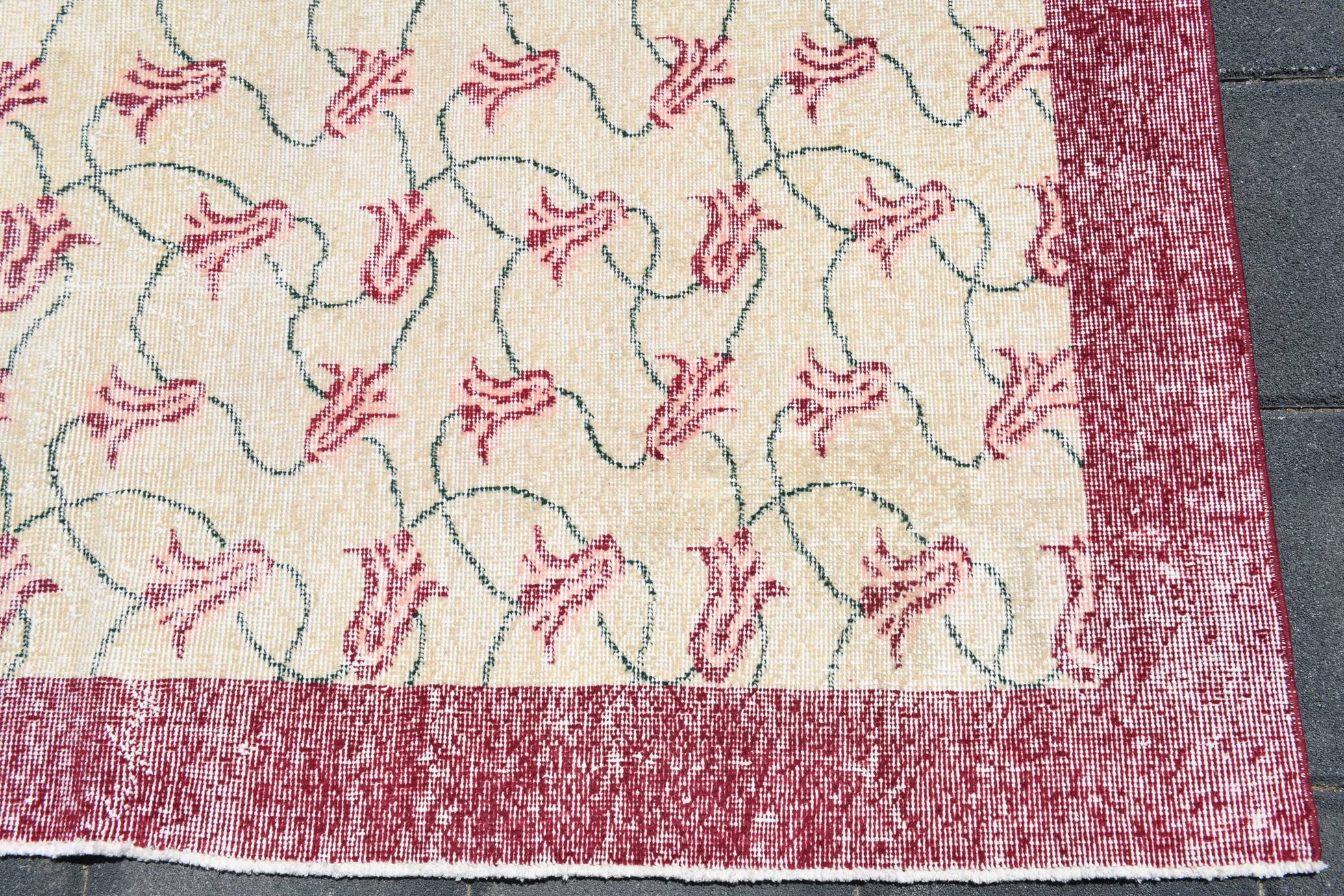 Beige & Burgundy Bordered  Floral Turkish Rug, Neutral Wool Rug, 194x290 Cm