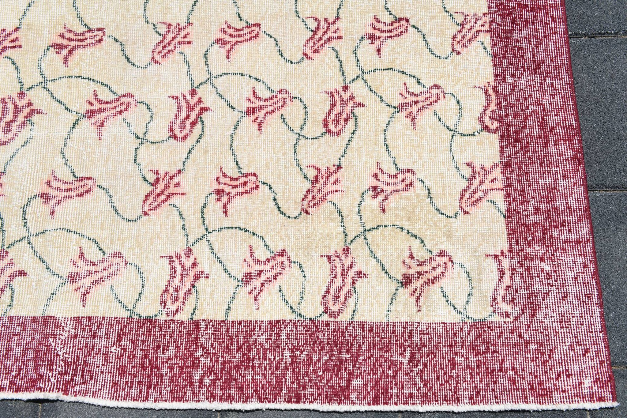 Beige & Burgundy Bordered  Floral Turkish Rug, Neutral Wool Rug, 194x290 Cm