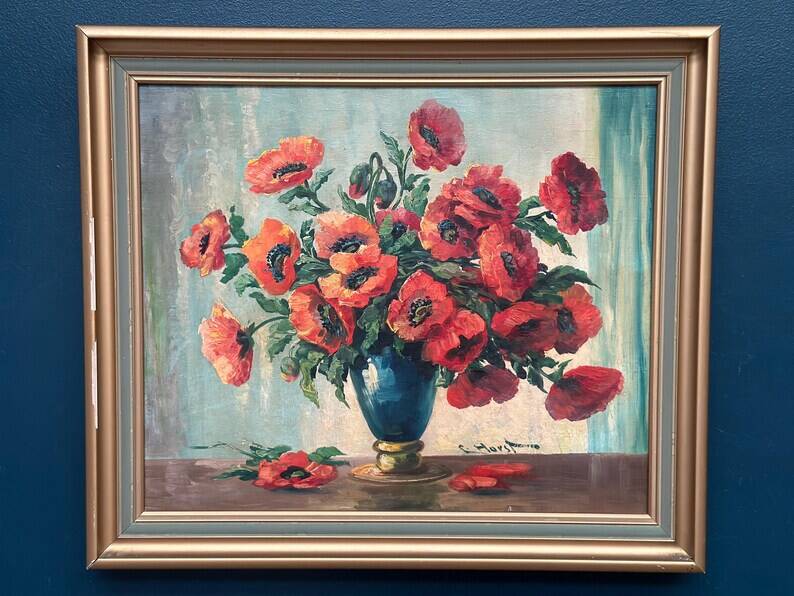 Original Swedish Oil on Canvas – "Red Poppies in a Blue Vase" by C. Horst – Signed – Vintage and Framed – 72 × 62 cm (28.3" × 24.4")