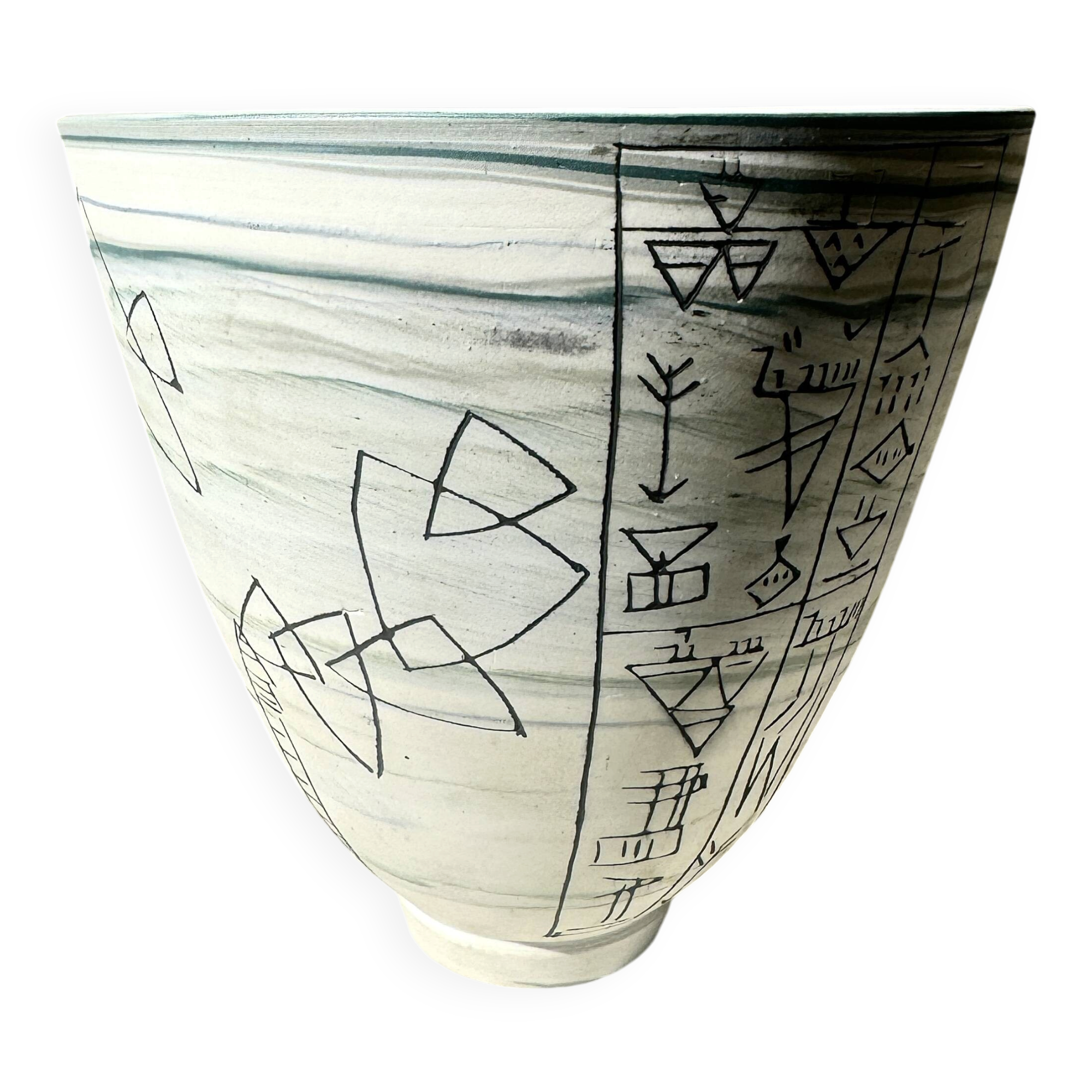 Bowl / large ceramic white catchall with graphic decoration, 1950