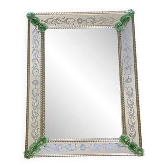 Rectangular Venetian Murano Glass Mirror with Green Floral Hand-Carving