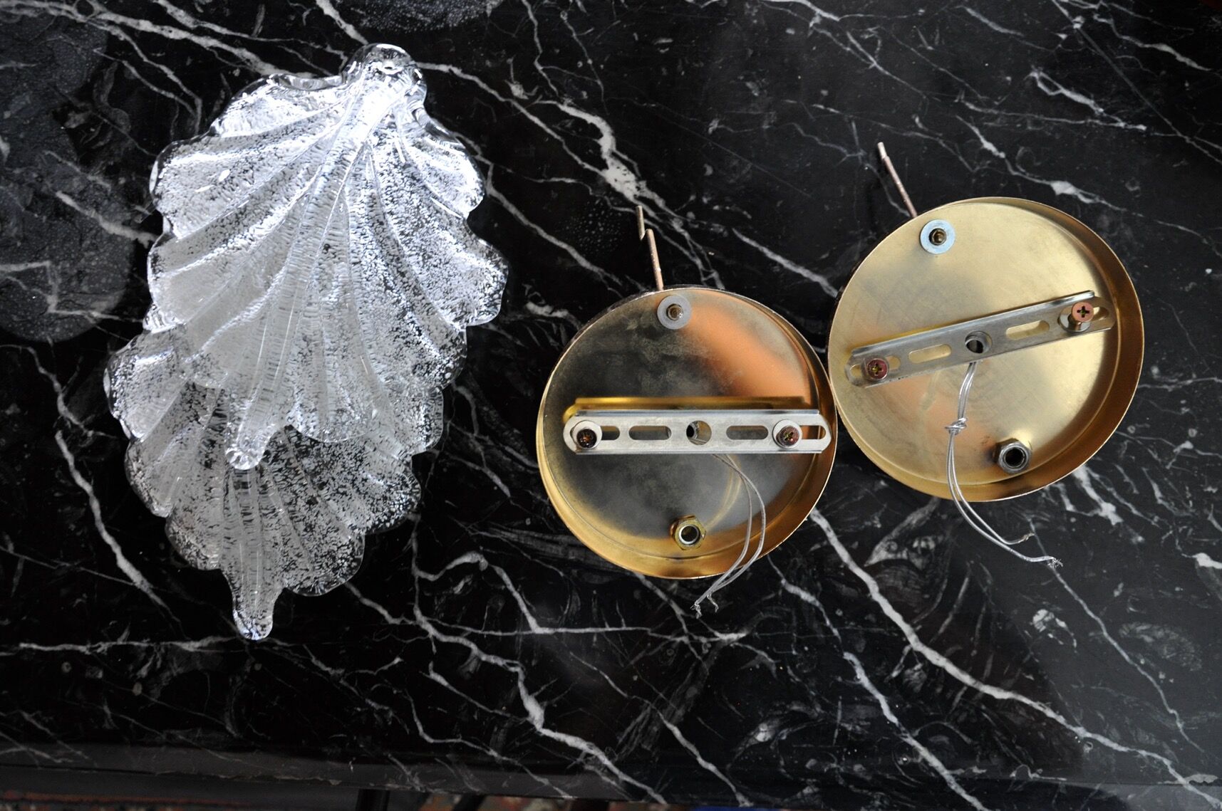 Pair of wall lamps Feuille by Murano Mazzega in frosted glass Italy 1970