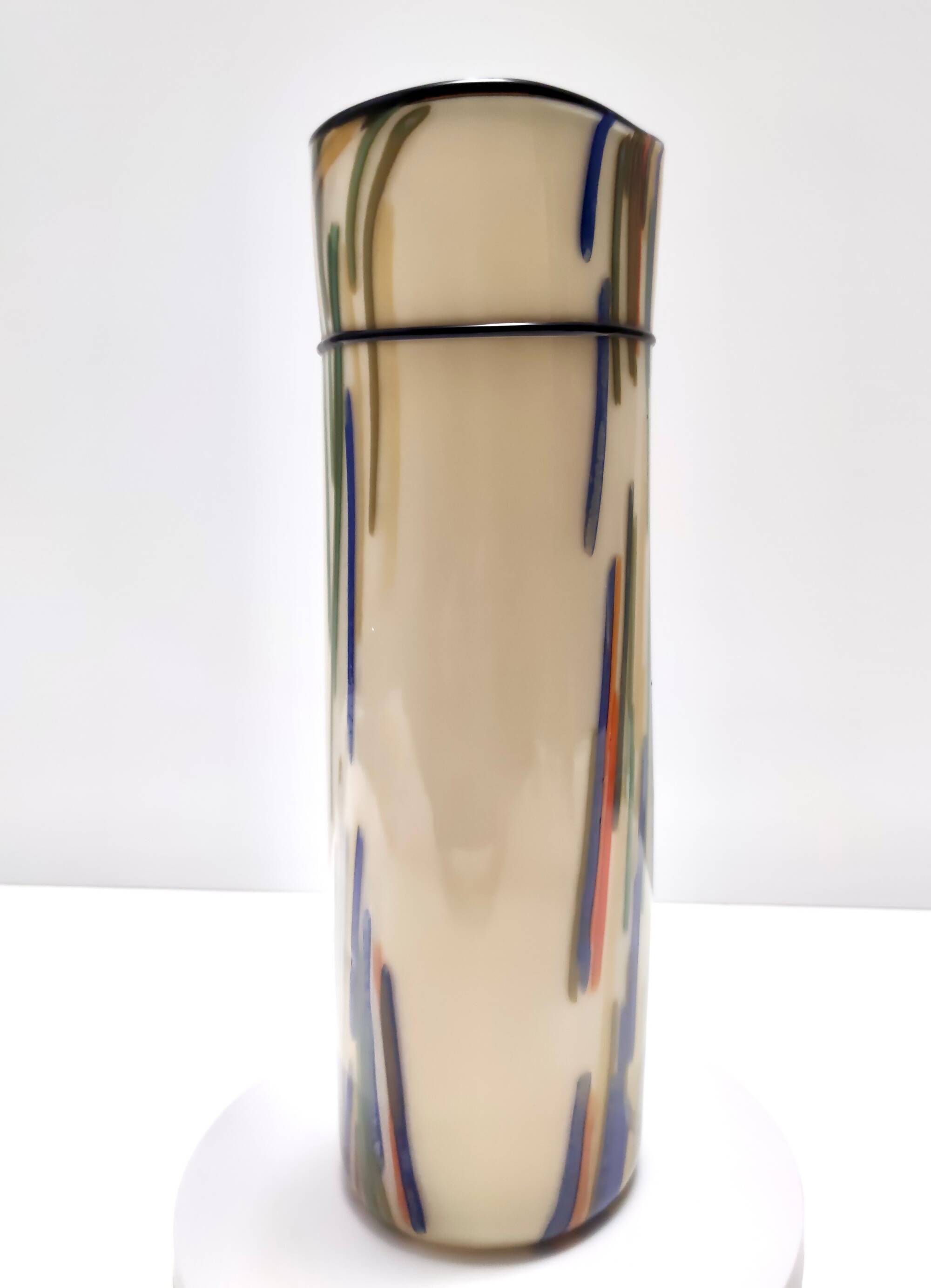 Beige Cylindric Encased and Hand-blown Opaline Glass Vase, Italy