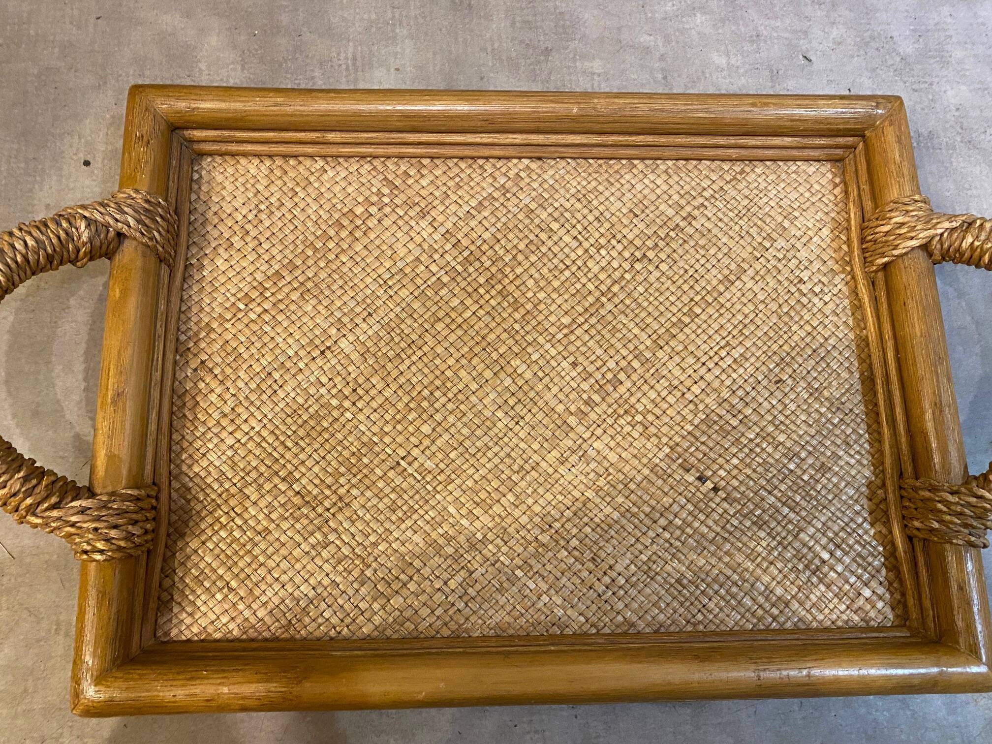 Rectangular rattan and weaved mat tray with double handles