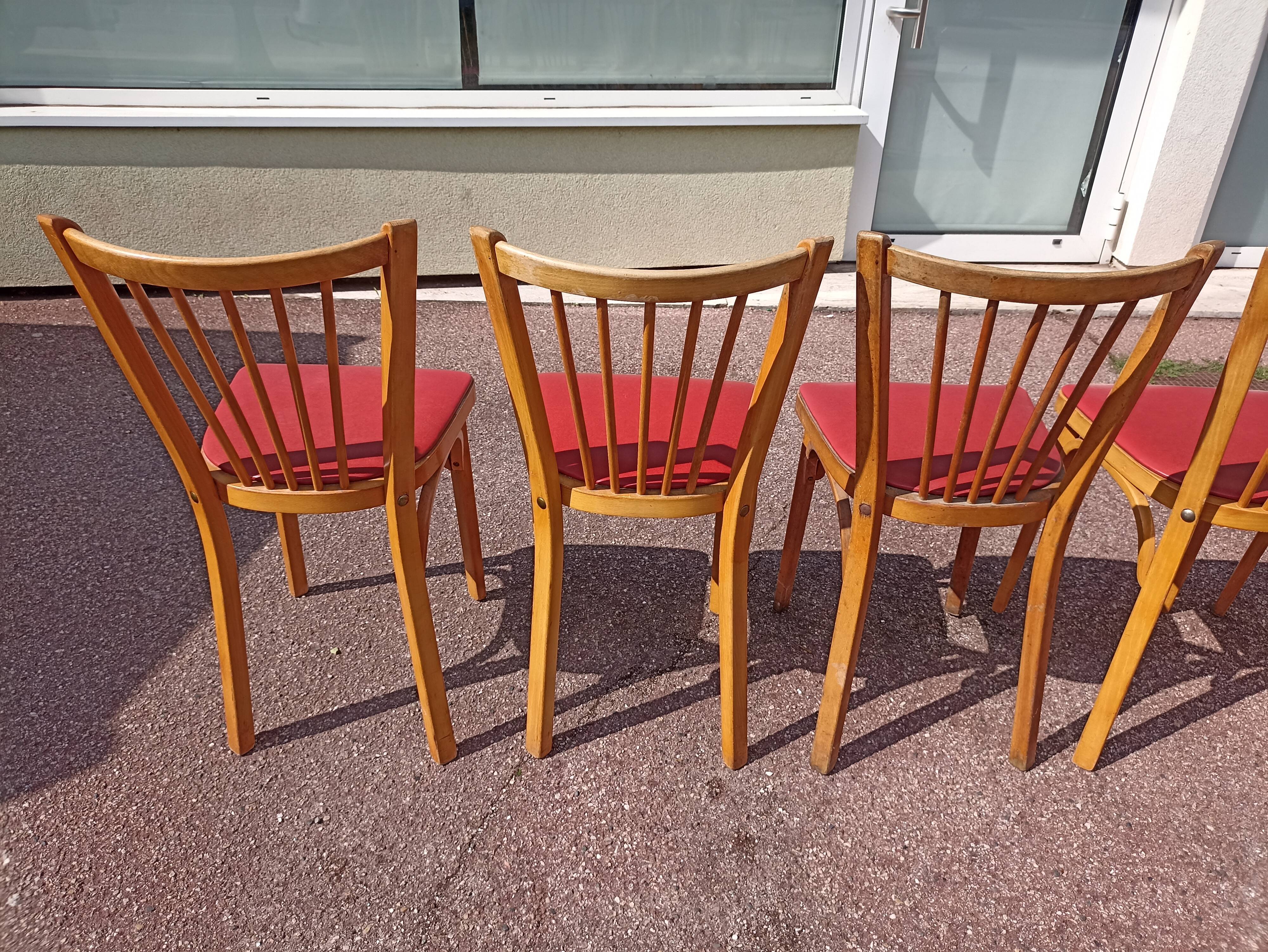 6 baumann bistro chairs wood and skaï red - vintage