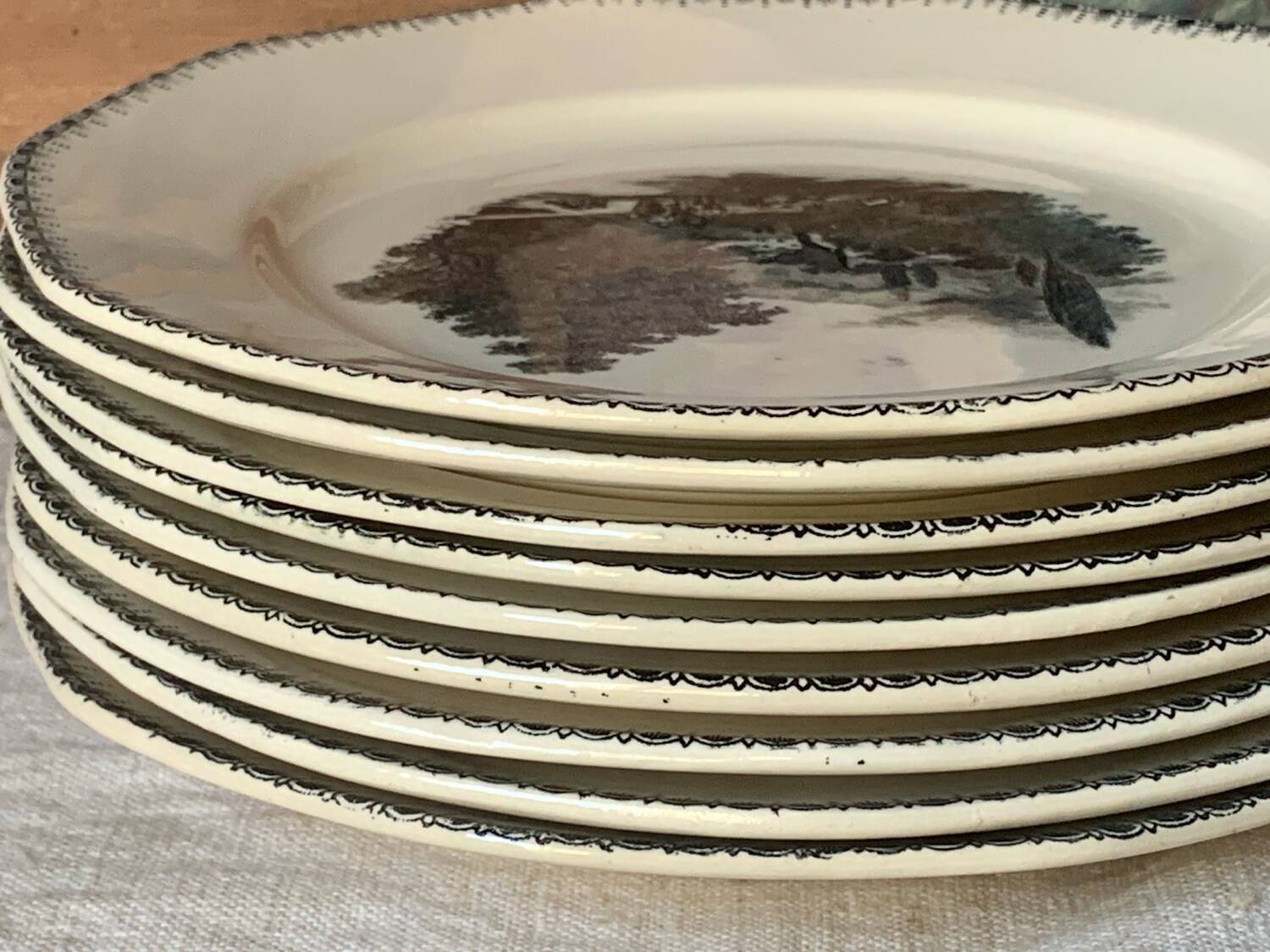 Neuf assiettes à dessert anciennes Boch La Louvière