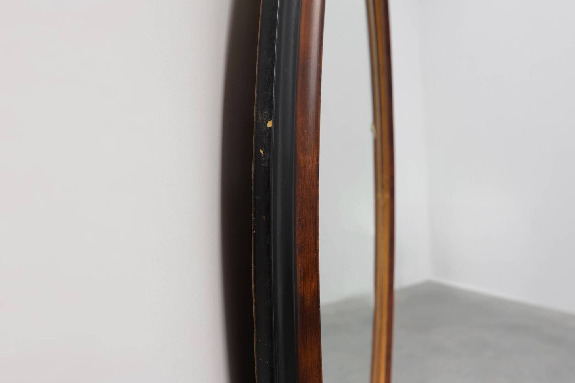 Deknudt Oval Wall Mirror with Walnut-Toned Frame and Gilt Inner Edge, Belgi