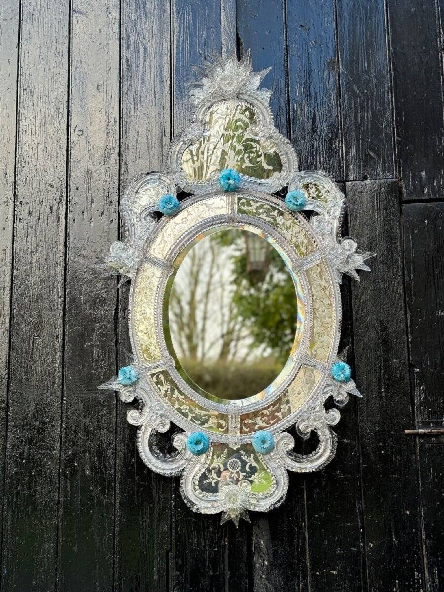 Miroir Vénitien En Verre De Murano Incolore Et Bleu