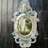 Miroir Vénitien En Verre De Murano Incolore Et Bleu