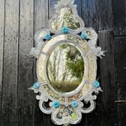 Miroir Vénitien En Verre De Murano Incolore Et Bleu