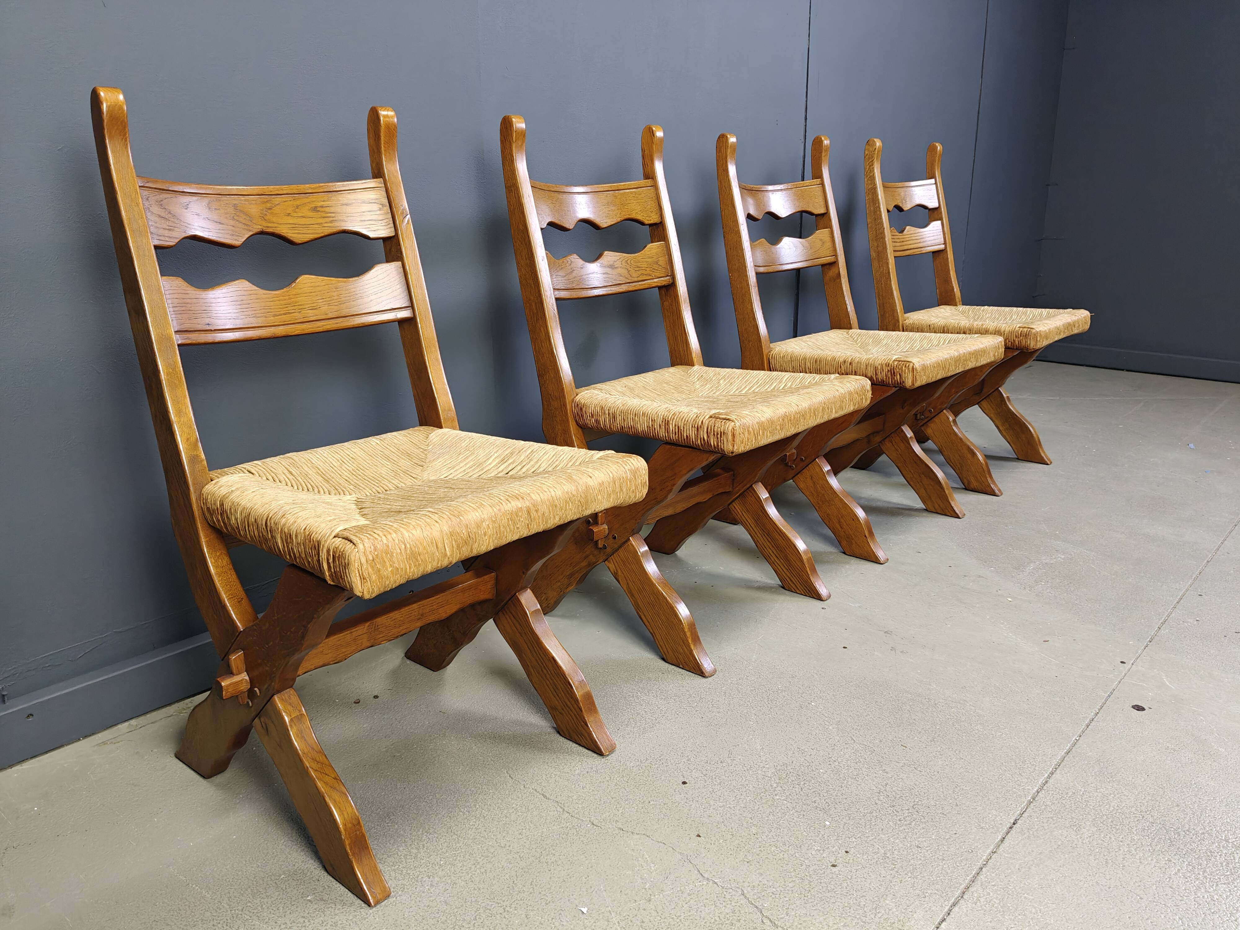 Vintage oak and wicker brutalist chairs, 1960s - set of 6