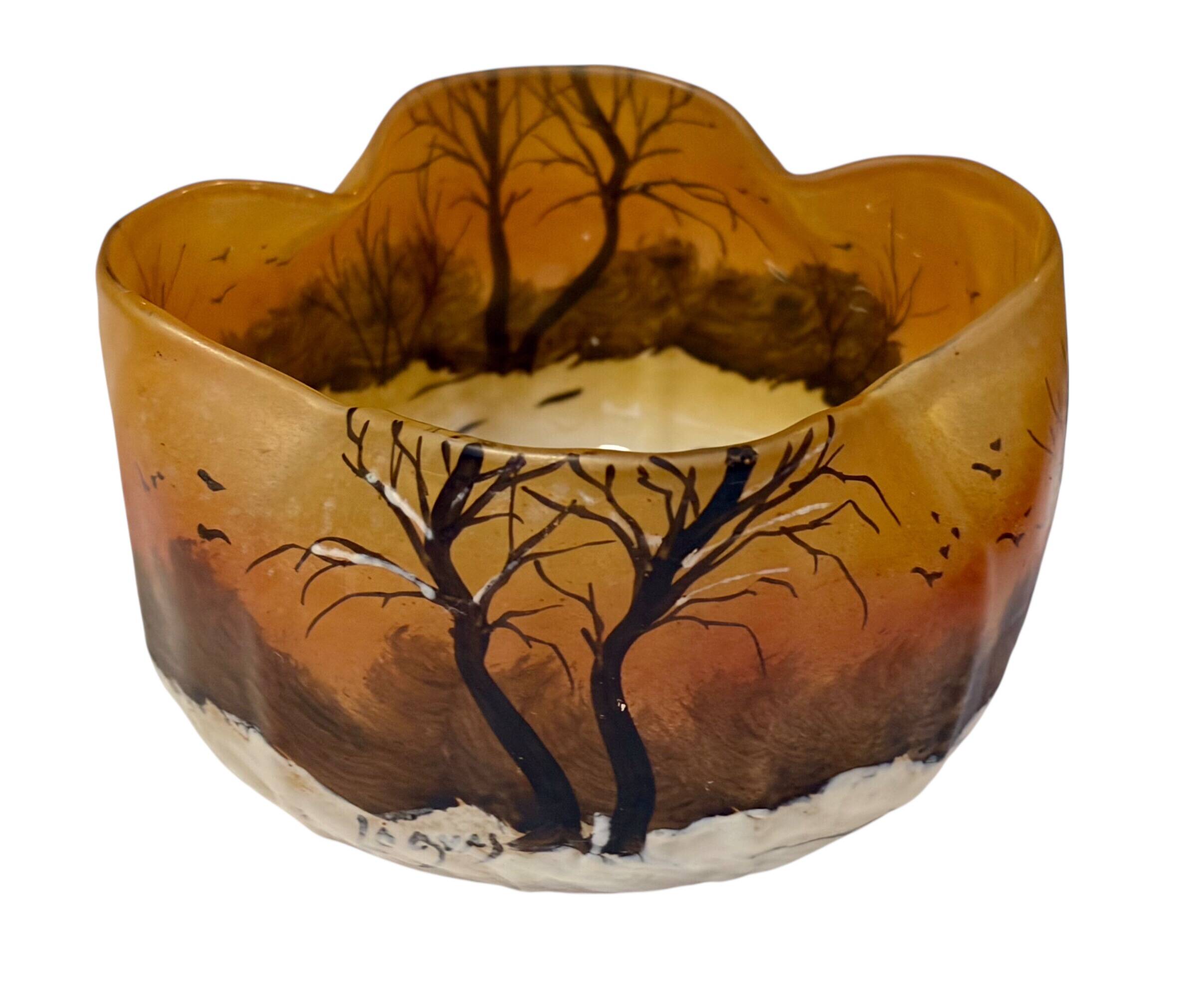 Legras pocket tray signed – enamelled glass Art Nouveau, winter landscape