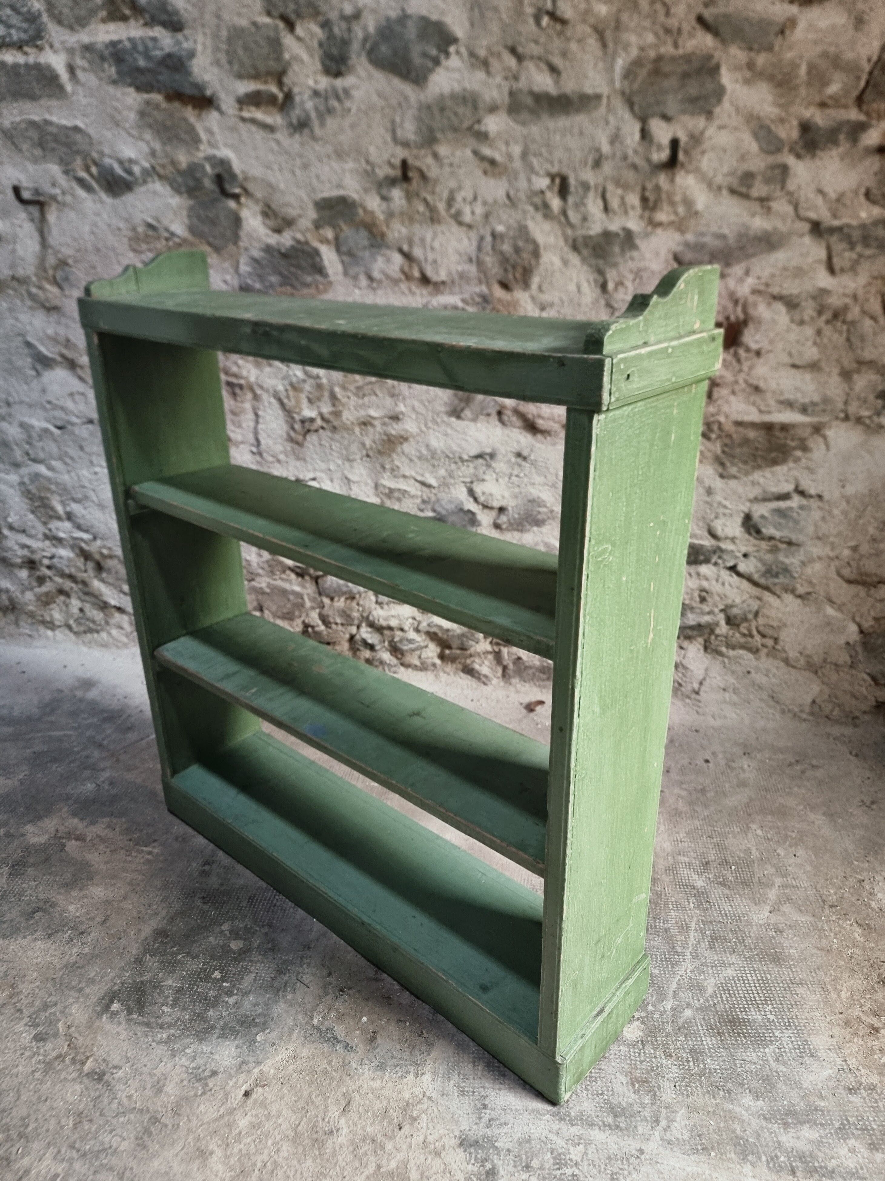 Vintage open pine shelf, original sage green paint, circa 1900–1930.