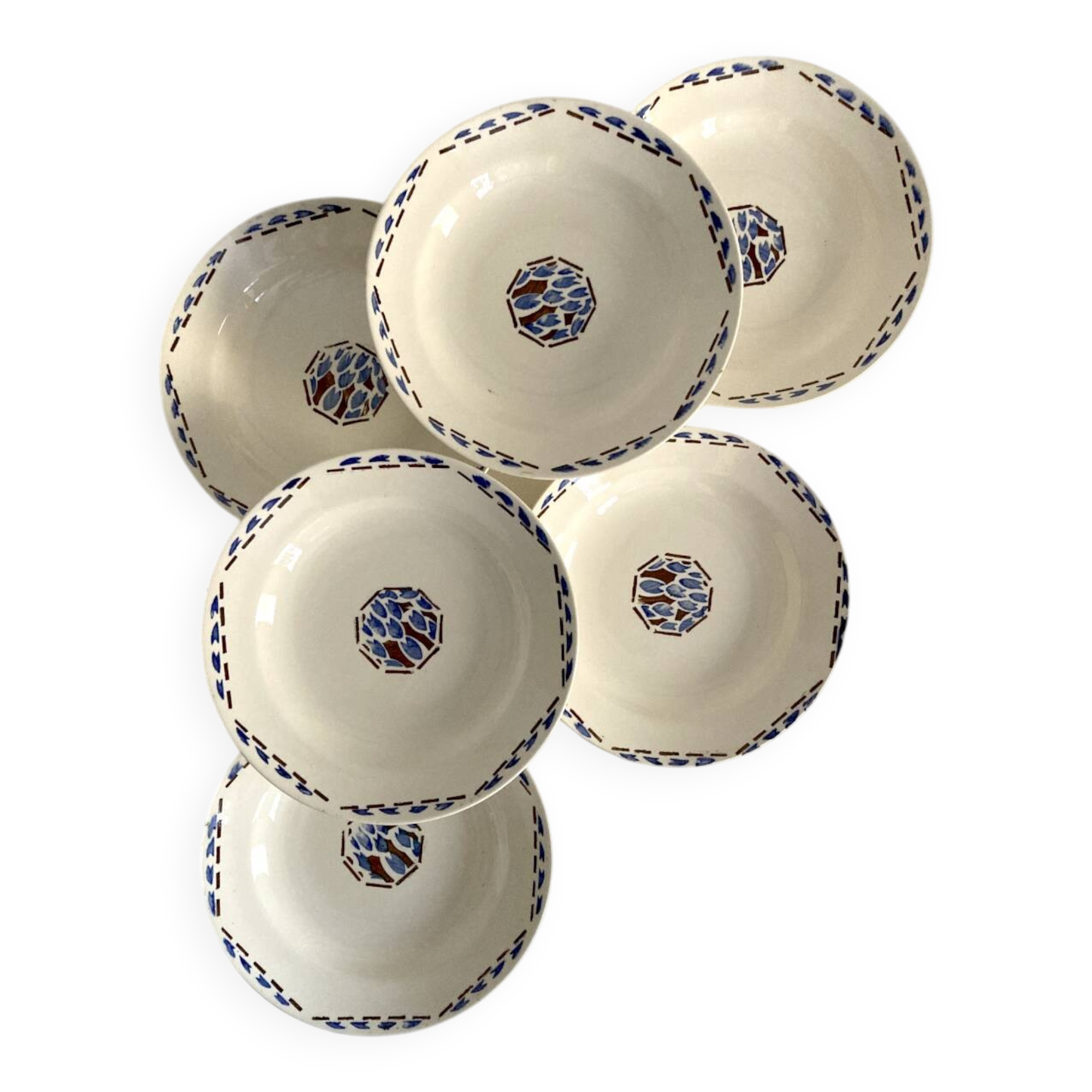6 soup plates, ironstone from Longchamp, Arlette pattern, 1950s