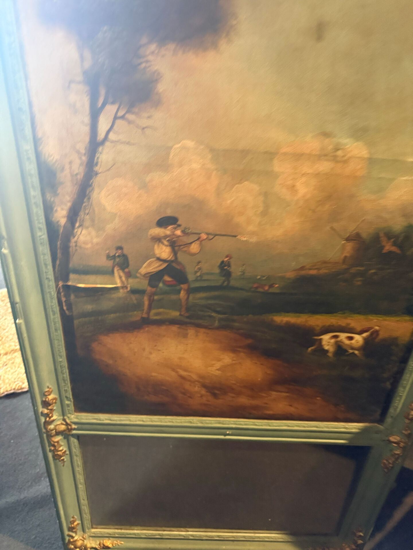 Antique trumeau with hunting scene - Oil on canvas and mirror - Panel