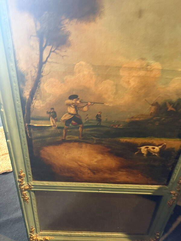 trumeau ancien à scène de chasse - Huile sur toile et miroir - Panneau