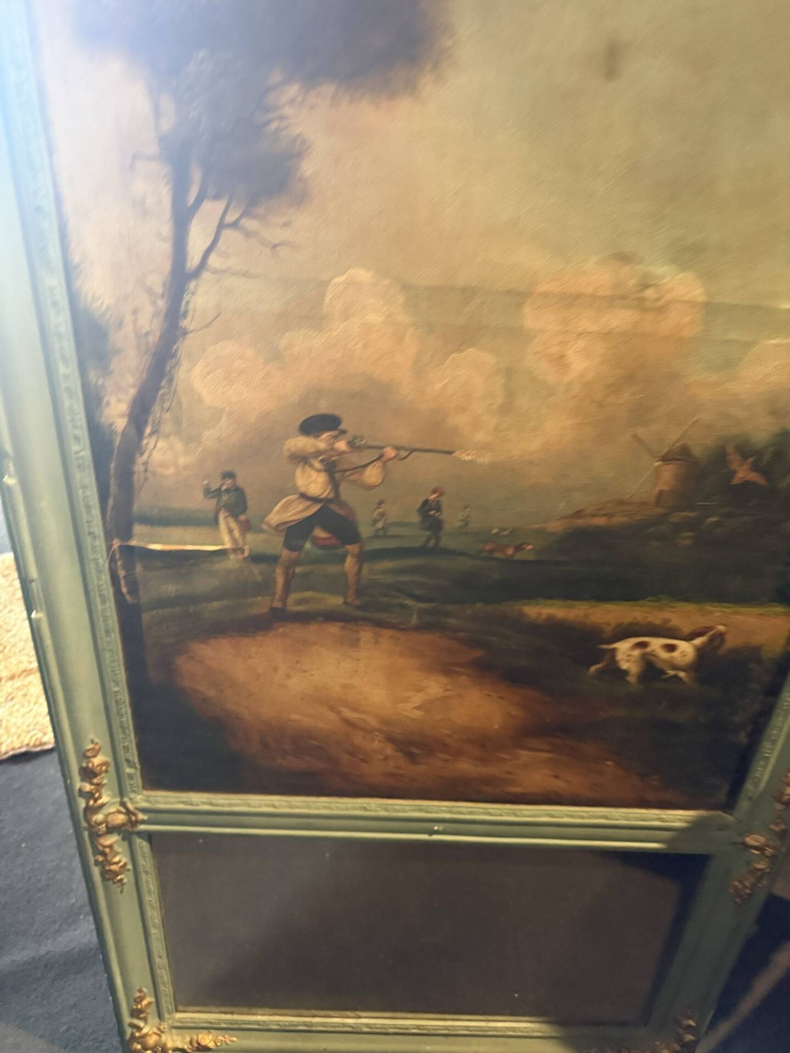 Antique trumeau with hunting scene - Oil on canvas and mirror - Panel