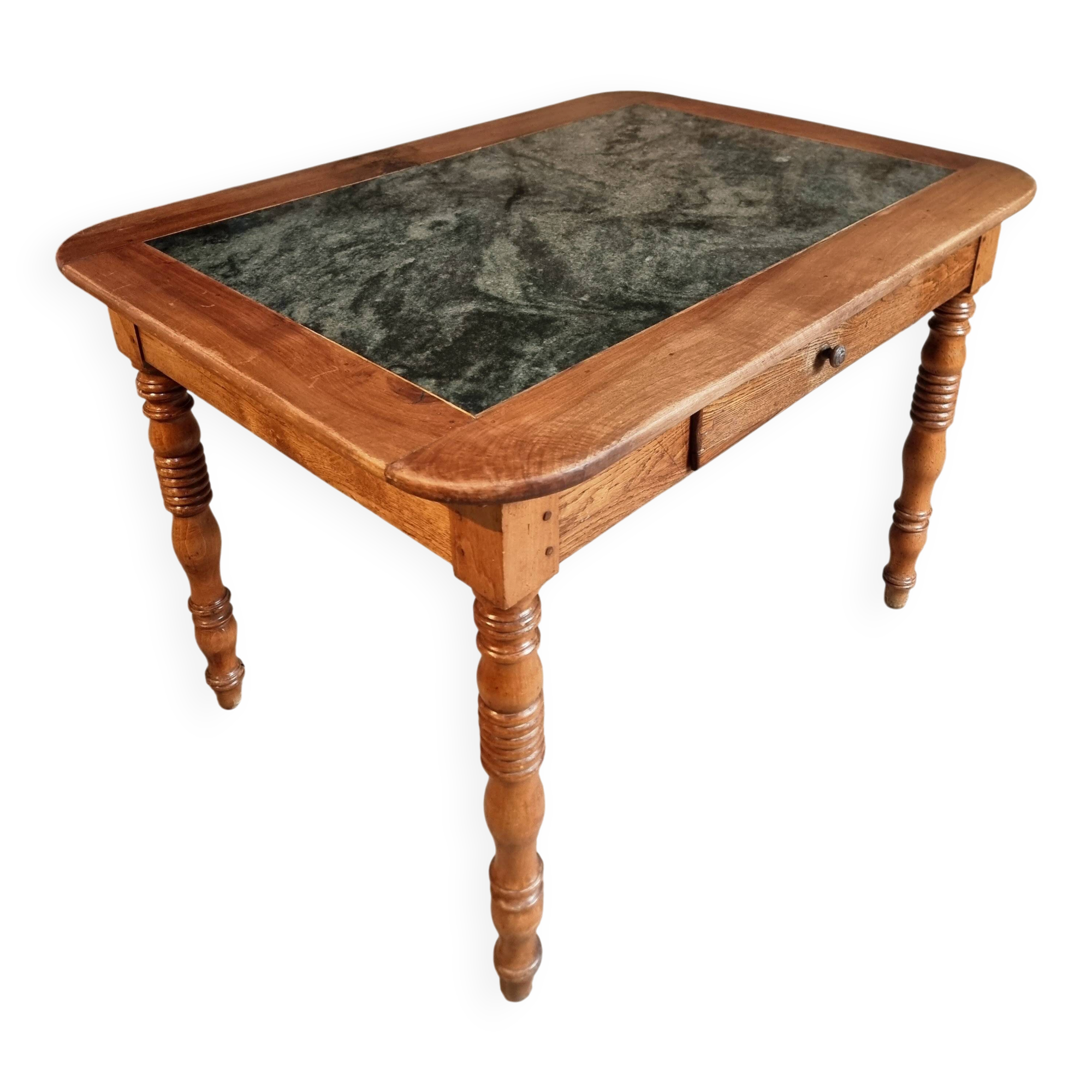 French vintage dining/desk table – oak and walnut – marble top – 1960s writing table with drawer