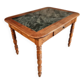 Table à manger / bureau vintage français – chêne et noyer – plateau en marbre – table d'écriture des années 1960 avec tiroir