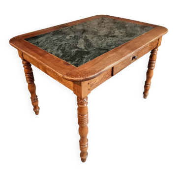 French vintage dining/desk table – oak and walnut – marble top – 1960s writing table with drawer